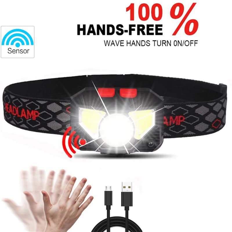 Lampe frontale LED détecteur de mouvement 6 modes - Frontale pêche rechargeable USB étanche XPE+COB