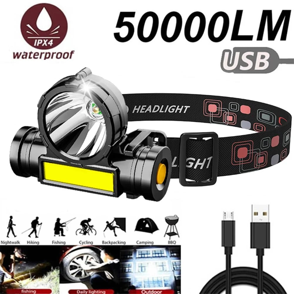 Lampe frontale HOMEFISH LED étanche rechargeable USB pour pêche et camping