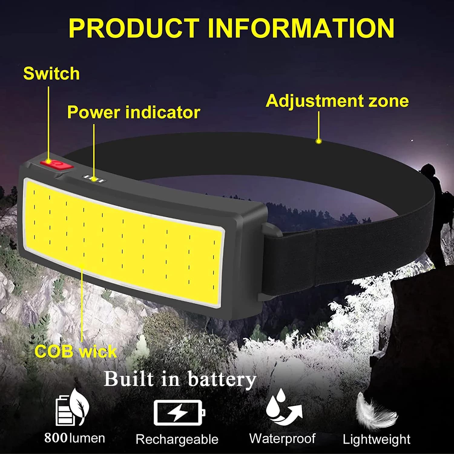 Lampe frontale COB 180° rechargeable USB 3 modes pour randonnée, camping et pêche