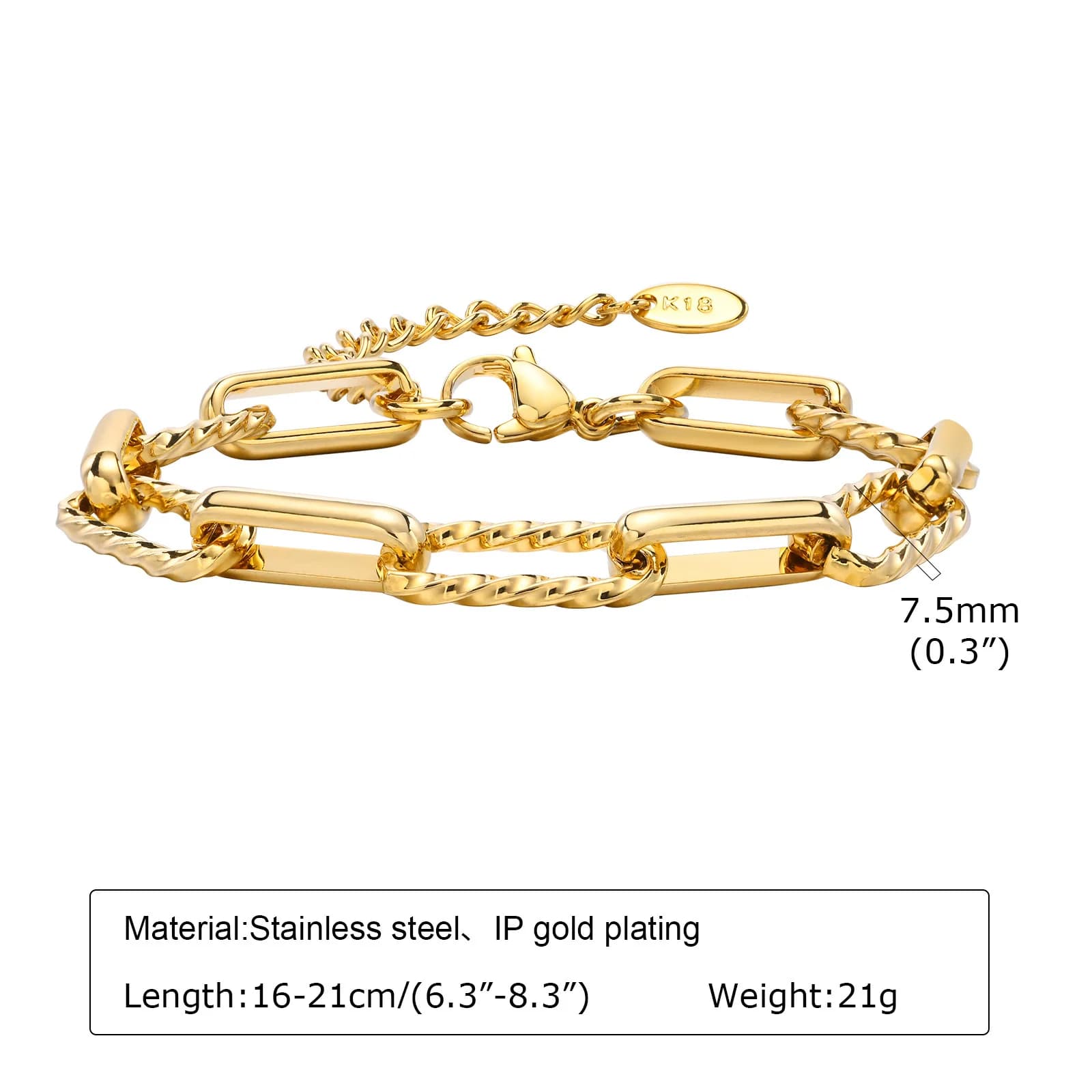 Bracelet chaîne acier inoxydable doré 18K - Twist paperclip ajustable bijou pêche tendance