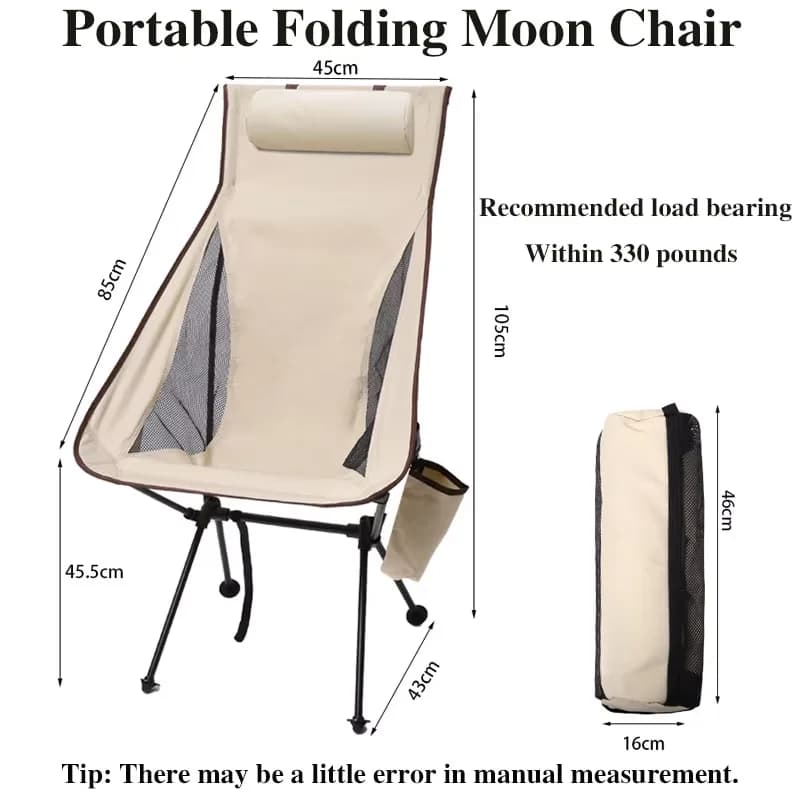 Fauteuil camping pliant avec appui-tête et sacs - Siège pêche Moon Chair pour plage extérieur