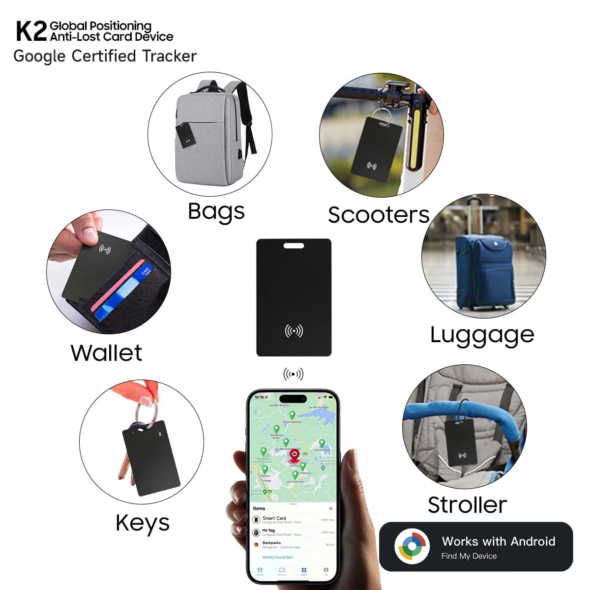 Carte localisateur rechargeable fine - Compatible Google Find My pour bagages de pêche Android