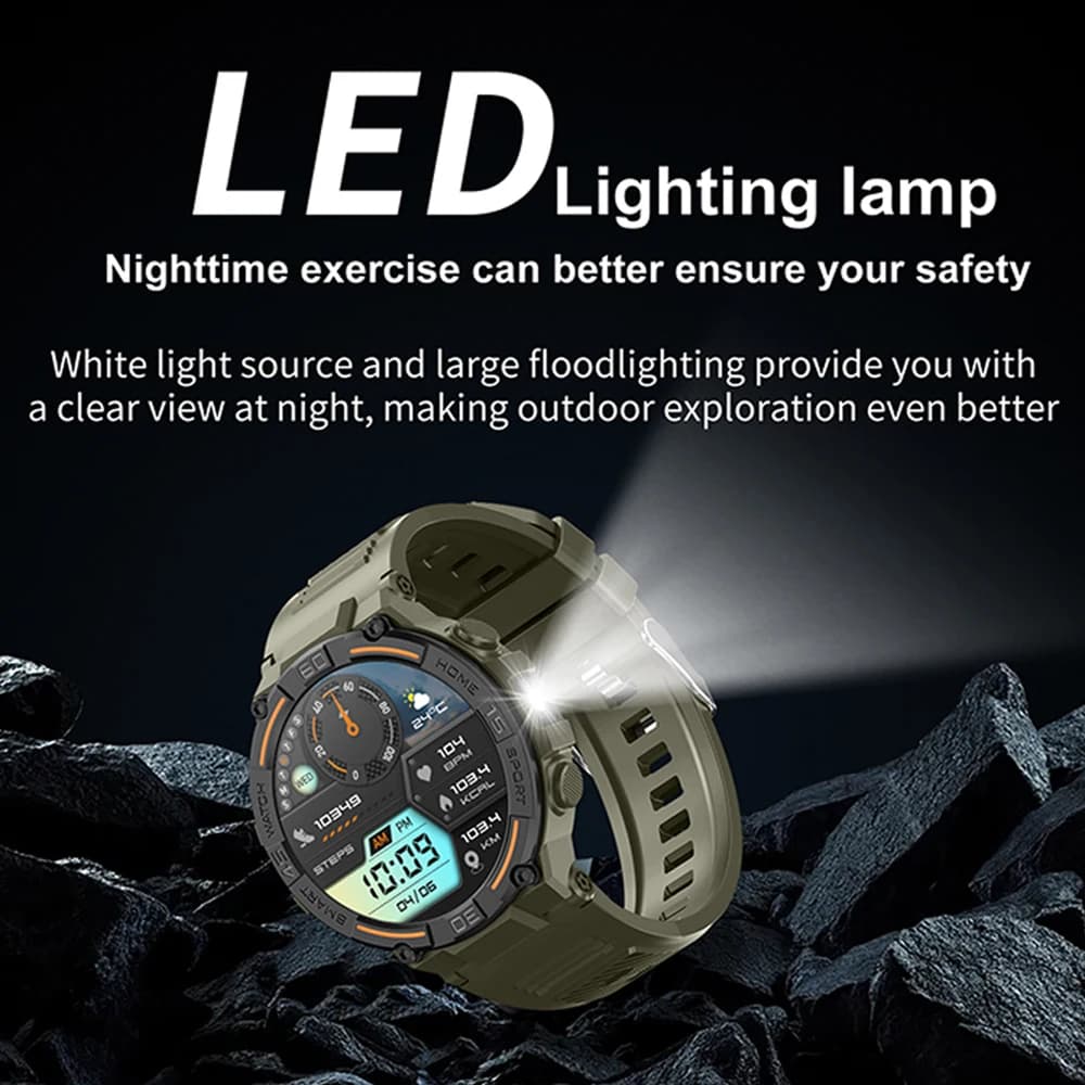 Montre Connectée Militaire Homme - Écran HD 360*360, Lampe Torche, Monitoring Santé, Étanche, Android iOS