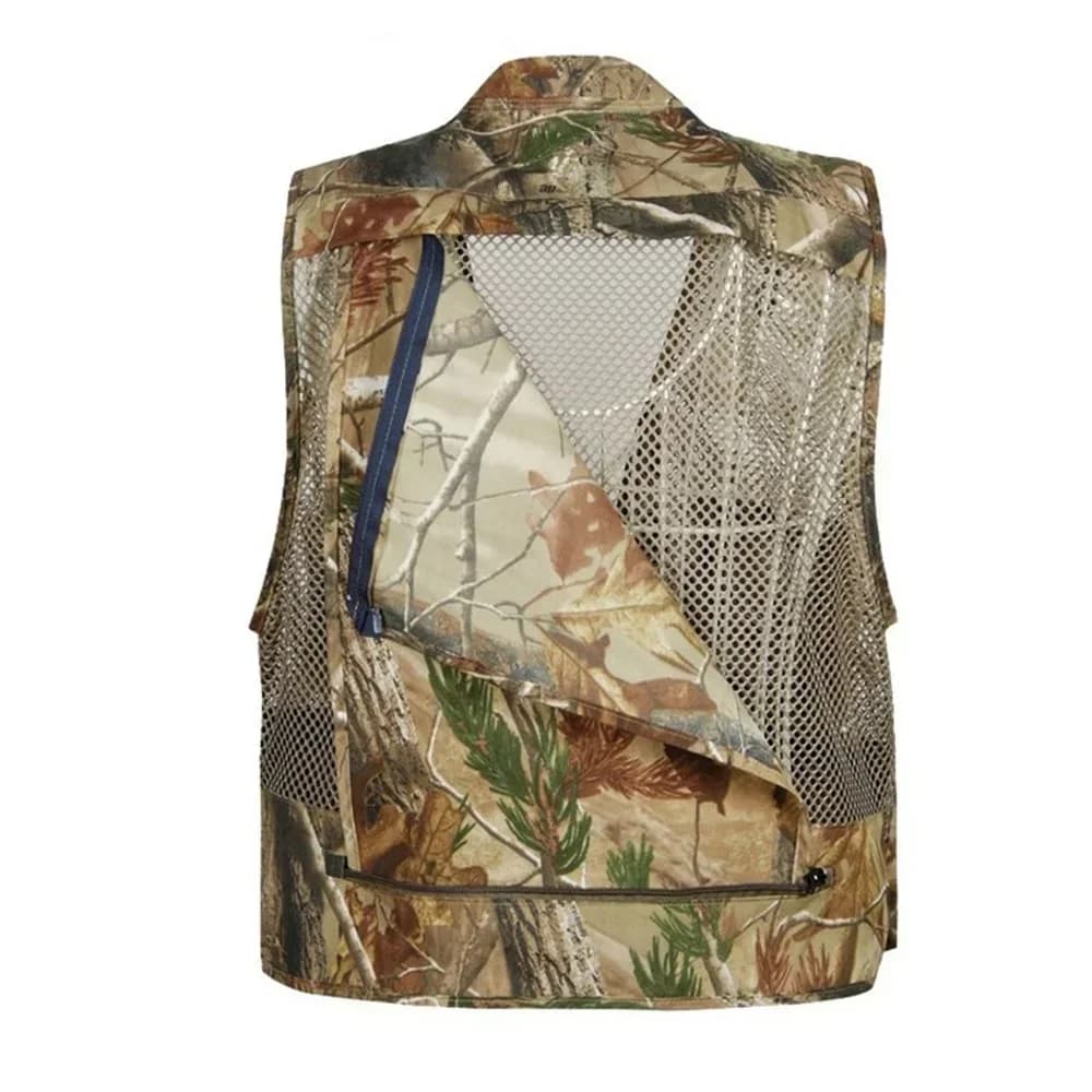 Veste d'été sans manches homme mesh camouflage vert, multi-poches léger et respirant pour pêche