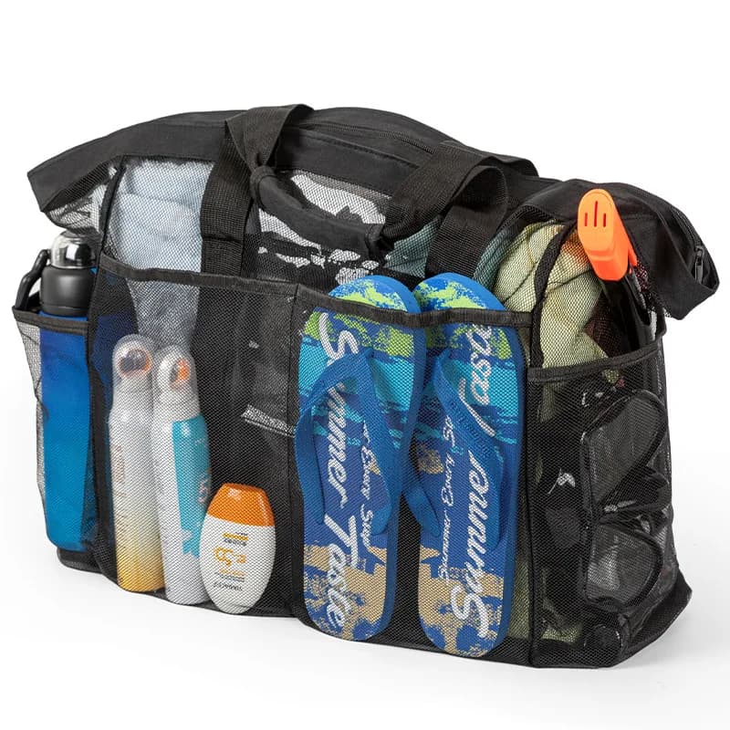Grand sac plage léger étanche pliable avec poches filet sangles réglables épaule