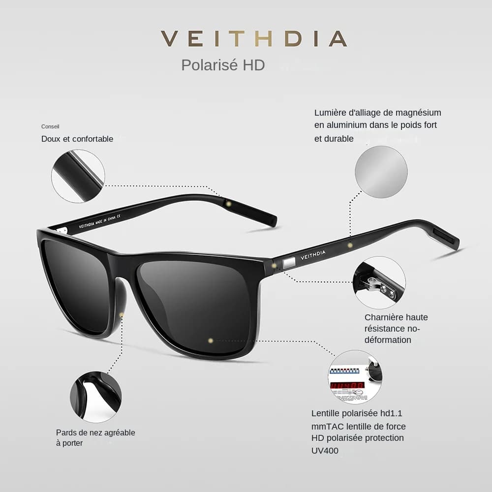 Lunettes vintage aluminium TR90 polarisées unisexe pêche rétro marque VEITHDIA 6108