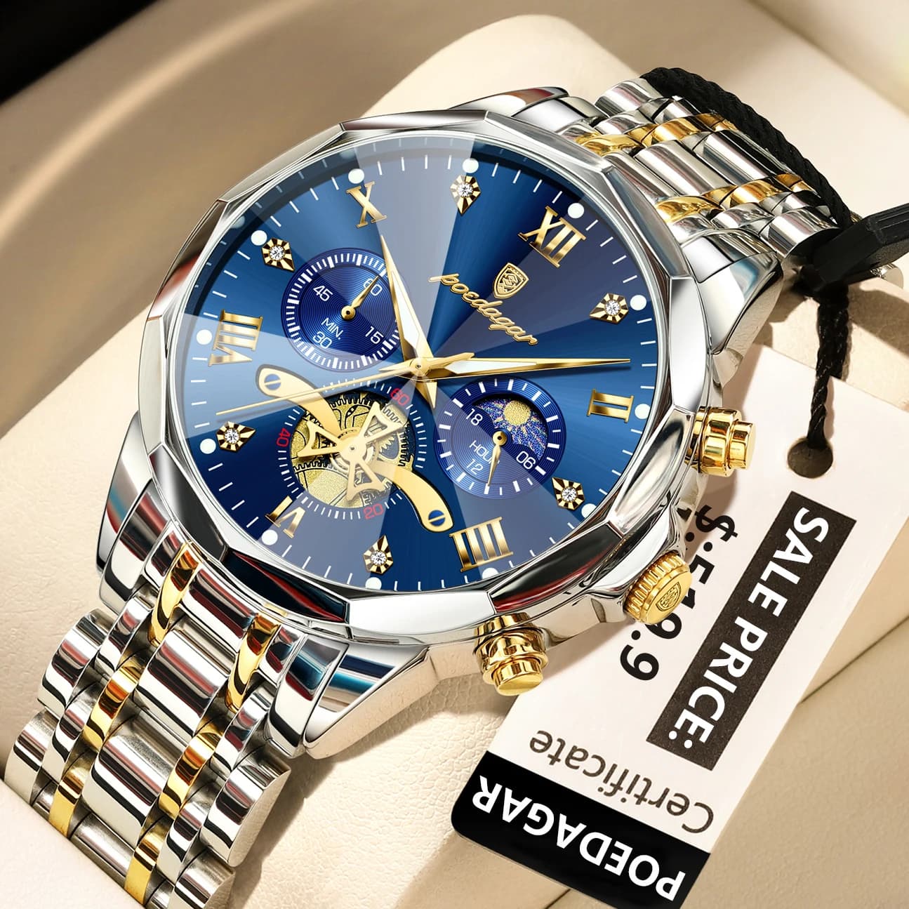 Montre homme luxe POEDAGAR étanche lumineuse chronographe acier inox quartz bracelet original cadeau