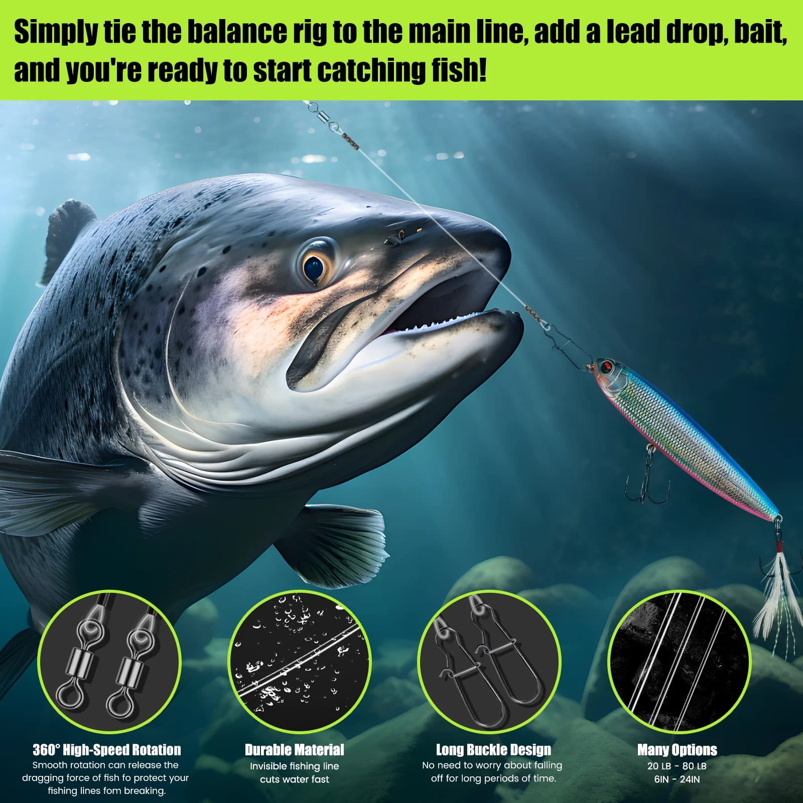 Ligne de pêche fluorocarbone 100% invisible avec émerillon roulant et verrou rapide testée 9-36kg