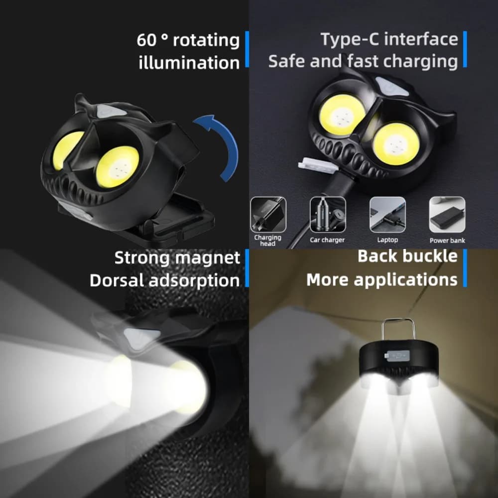 Lampe frontale chouette rotative rechargeable Type-C avec aimant pour pêche et chasse nocturne
