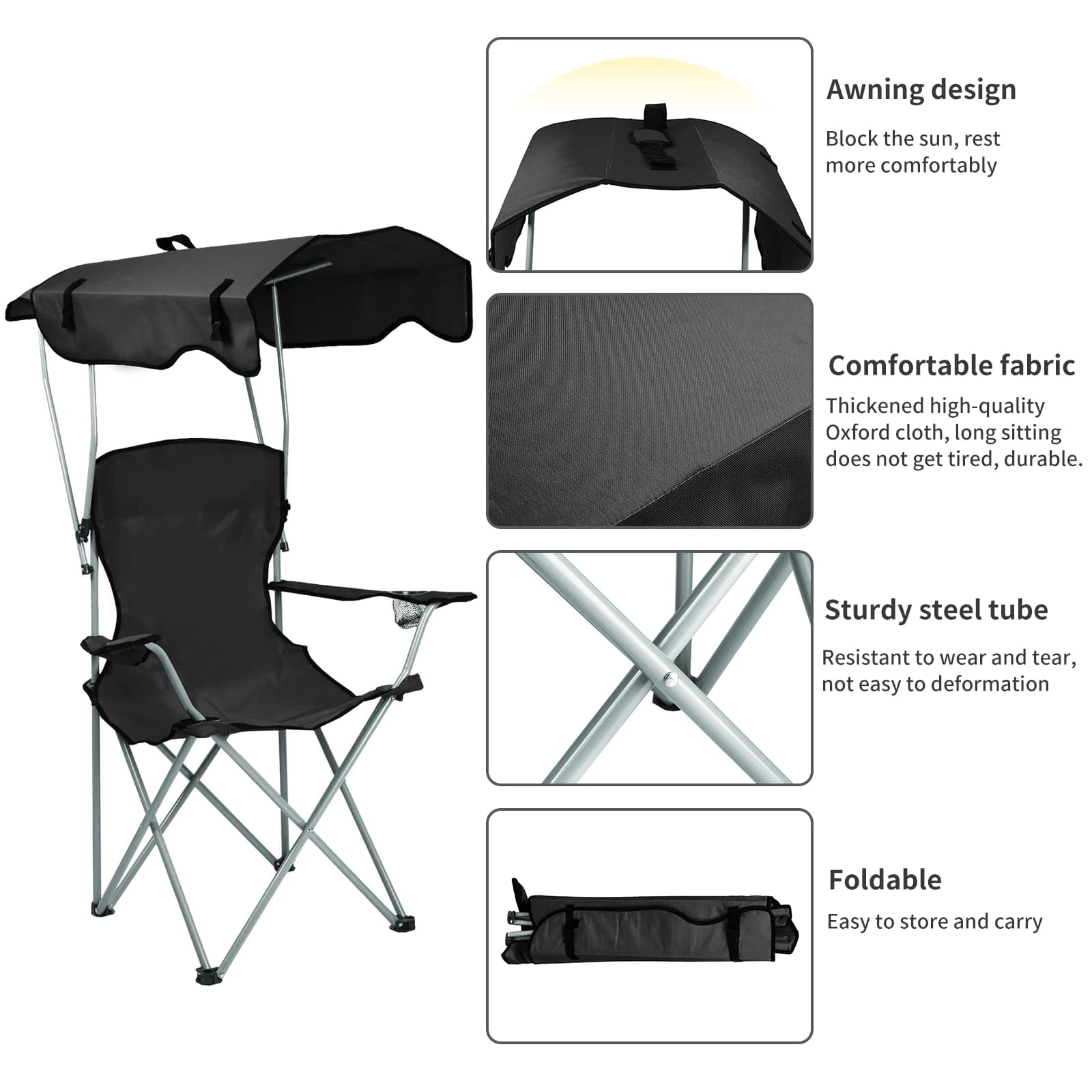 Chaise de pêche pliante avec pare-soleil et porte-gobelet - Siège confortable avec rangement