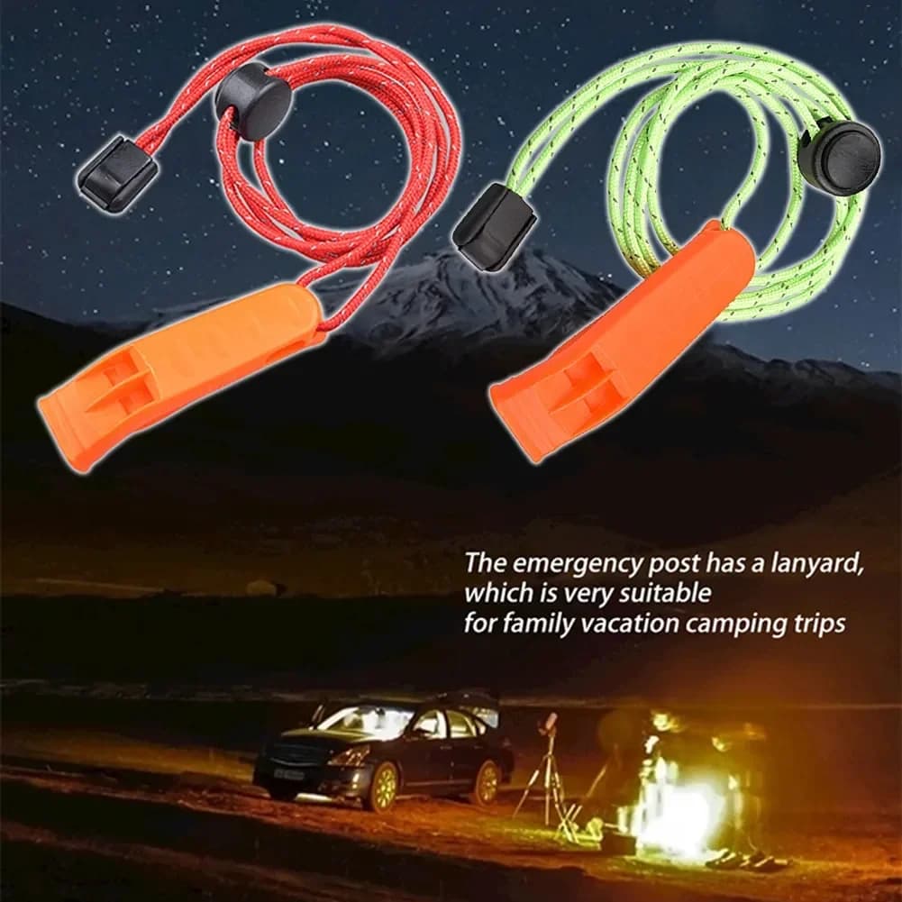 Sifflet plastique double tube double bande avec corde queue pour camping randonnée pêche survie