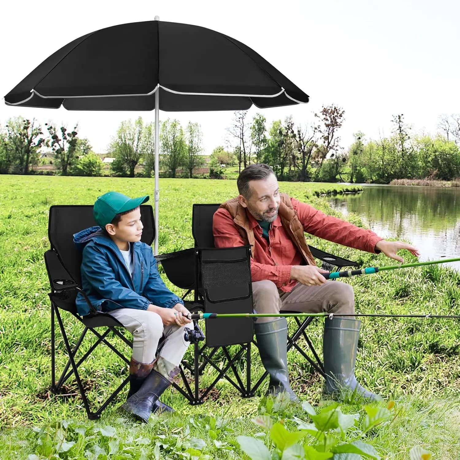 Fauteuil camping 2 places avec parasol porte-gobelet pêche pliant sac transport pique-nique
