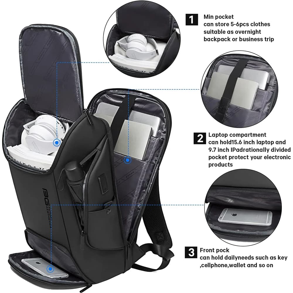Sac à dos BANGE chargeur USB intelligent étanche pour ordinateur 15.6 pouces et voyages