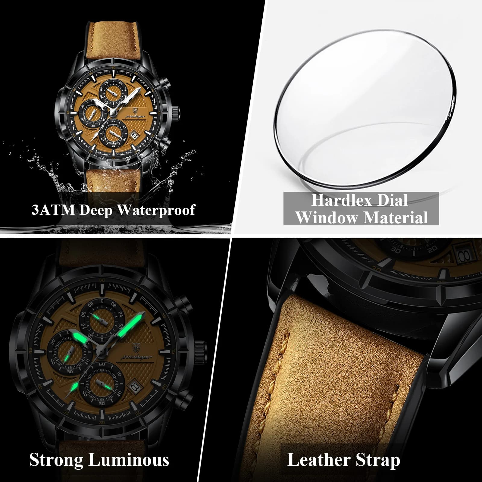Montre homme luxe POEDAGAR - Cuir véritable chronographe - Étanche et lumineuse - Idéale pêche