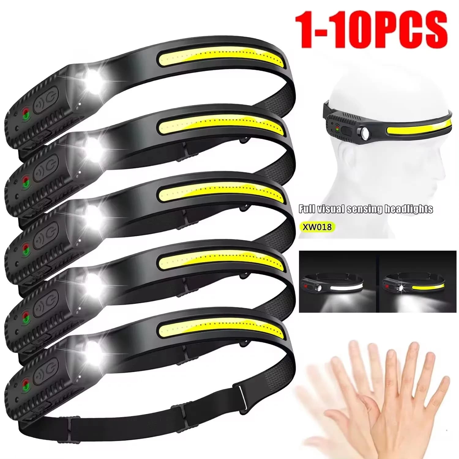 Lot 1-10PCS lampe frontale LED à capteur rechargeable USB pour pêche camping - Lampe de recherche frontale