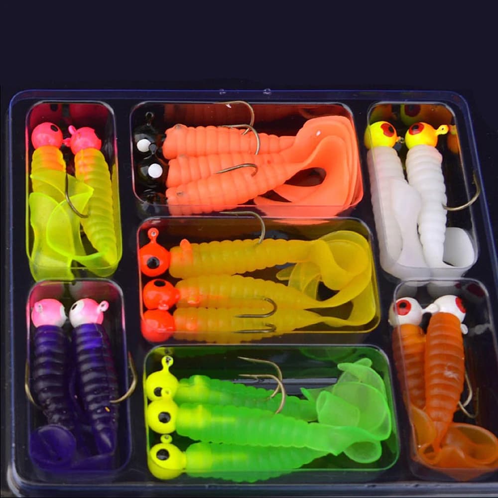 Set 34 pièces hameçons métal + vers souples - Leurres artificiels pour pêche au grub