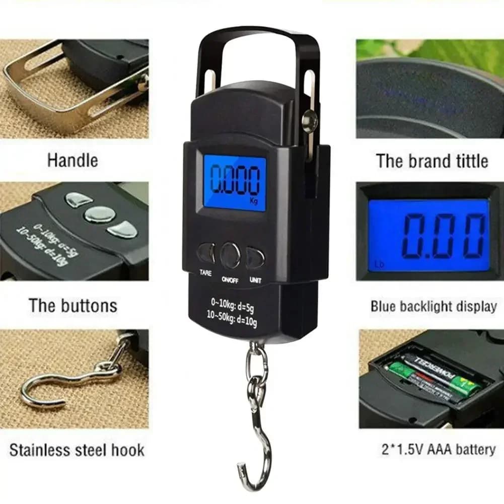 Mini balance numérique pêche 50kg avec mètre ruban - Écran LCD rétroéclairé pour mesures complètes