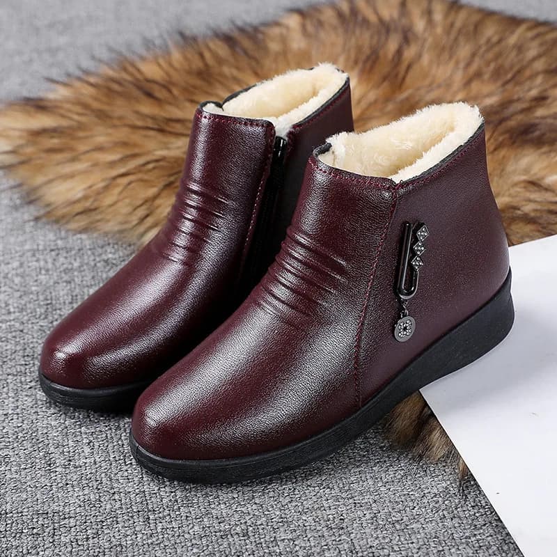Bottes cuir 2024 semelle plate douce - Chaussures femme laine chaude pêche hiver antidérapantes