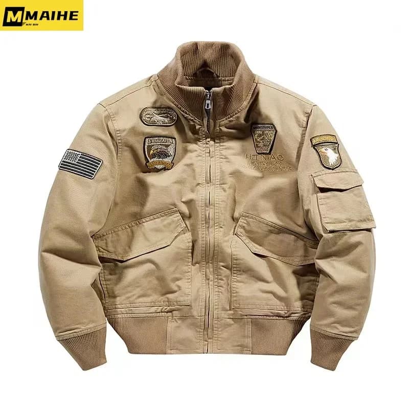 Bomber rétro homme automne printemps broderie avion pilote cargo col stand tactique
