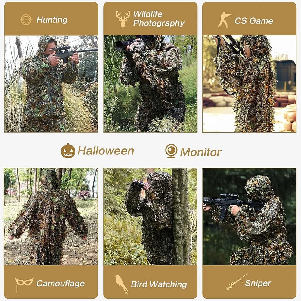 Ghillie Suit 3D Bionique Homme Femme Enfant - Tenue Tactique Camouflage Feuilles pour Pêche