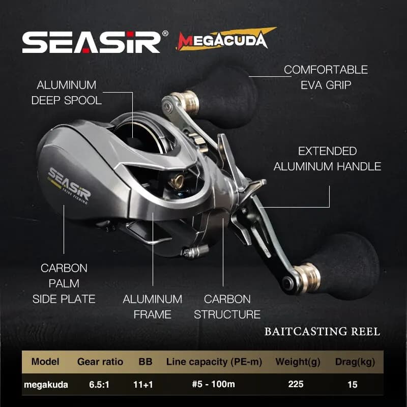 Seasir Megacuda Baitcasting Reel Drag 15KG Deep Spool 6.5:1 Aluminum Frame Carbo