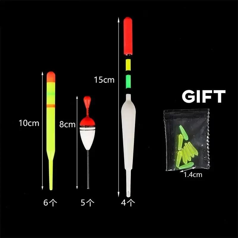Flotteur de pêche vertical lumineux 15 pièces pour la carpe, appât multifonction avec bâton phosphorescent