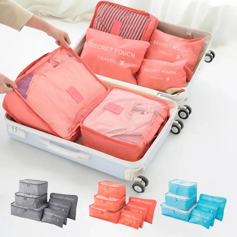 Set de 6 sacs de voyage étanches - Rangement vêtements et sous-vêtements dans valise rose/bleu/gris