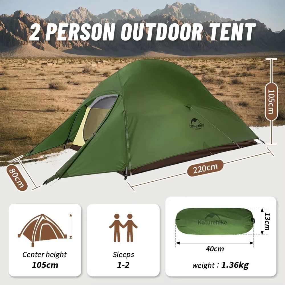 Tente Naturehike Cloud Up 2 places ultralégère 20D imperméable randonnée vélo pêche camping duo compacte