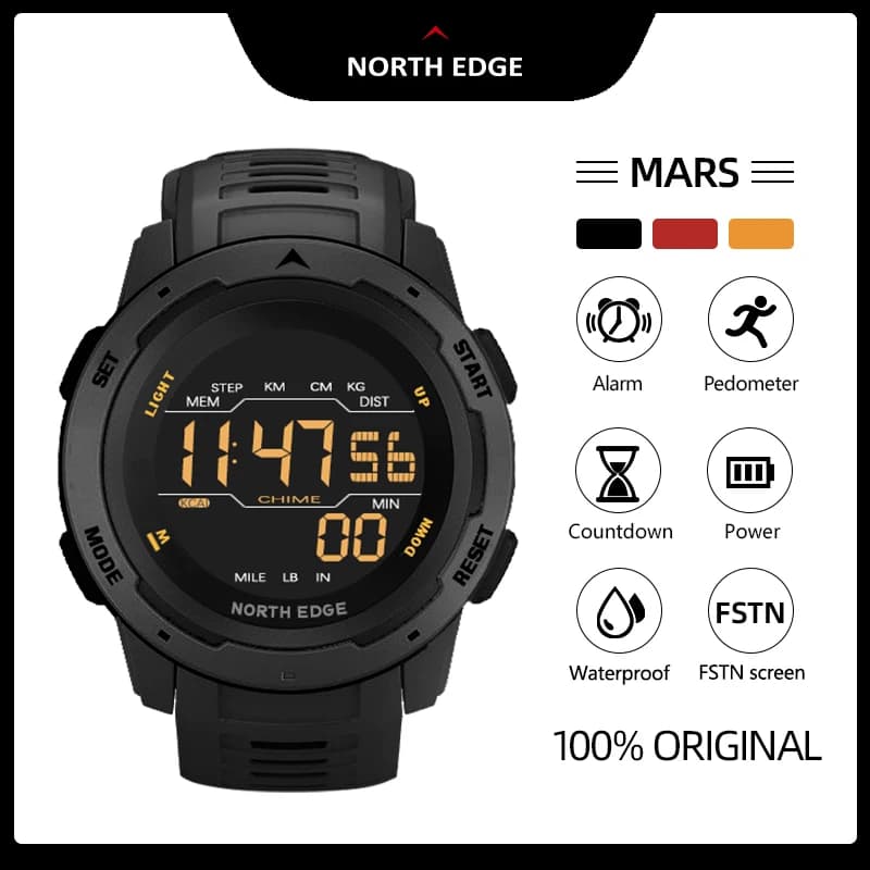 Montre NORTH EDGE - Double fuseau horaire, podomètre running, étanche 50m et réveil militaire digital