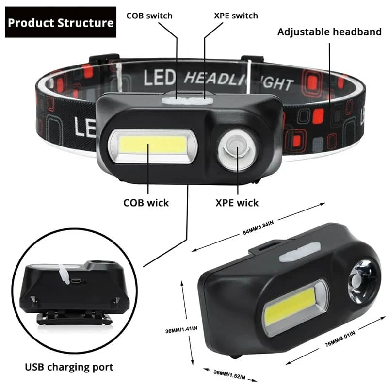 Lampe frontale LED portable USB rechargeable 18650 pour pêche nocturne et camping