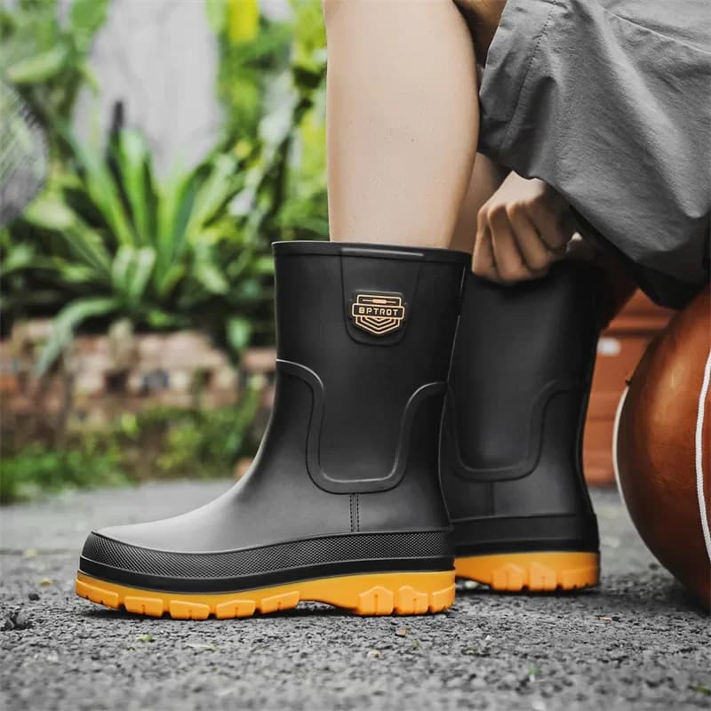 Bottes mi-mollet homme à semelle épaisse pour pêche et cuisine - Imperméables en PVC avec bout rond