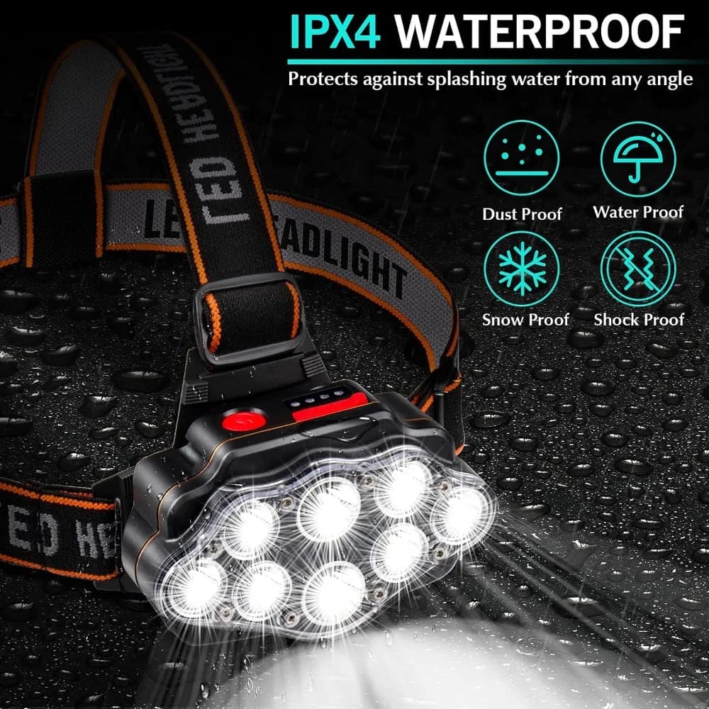 Lampe frontale LED haute luminosité rechargeable USB IPX4 étanche pêche camping lumière puissante 8 LEDs