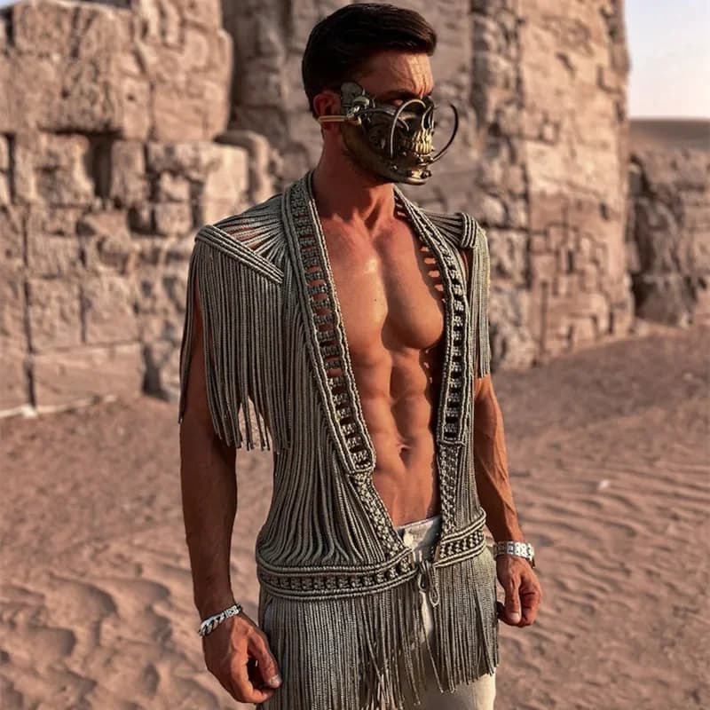 Cardigan crocheté main homme été 2025 pour plage et pêche côtier mailles ajourées avec franges