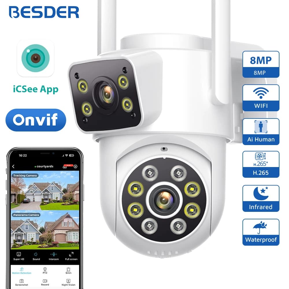 Caméra surveillance extérieure BESDER 8MP WiFi PTZ détection humaine suivi automatique audio P2P