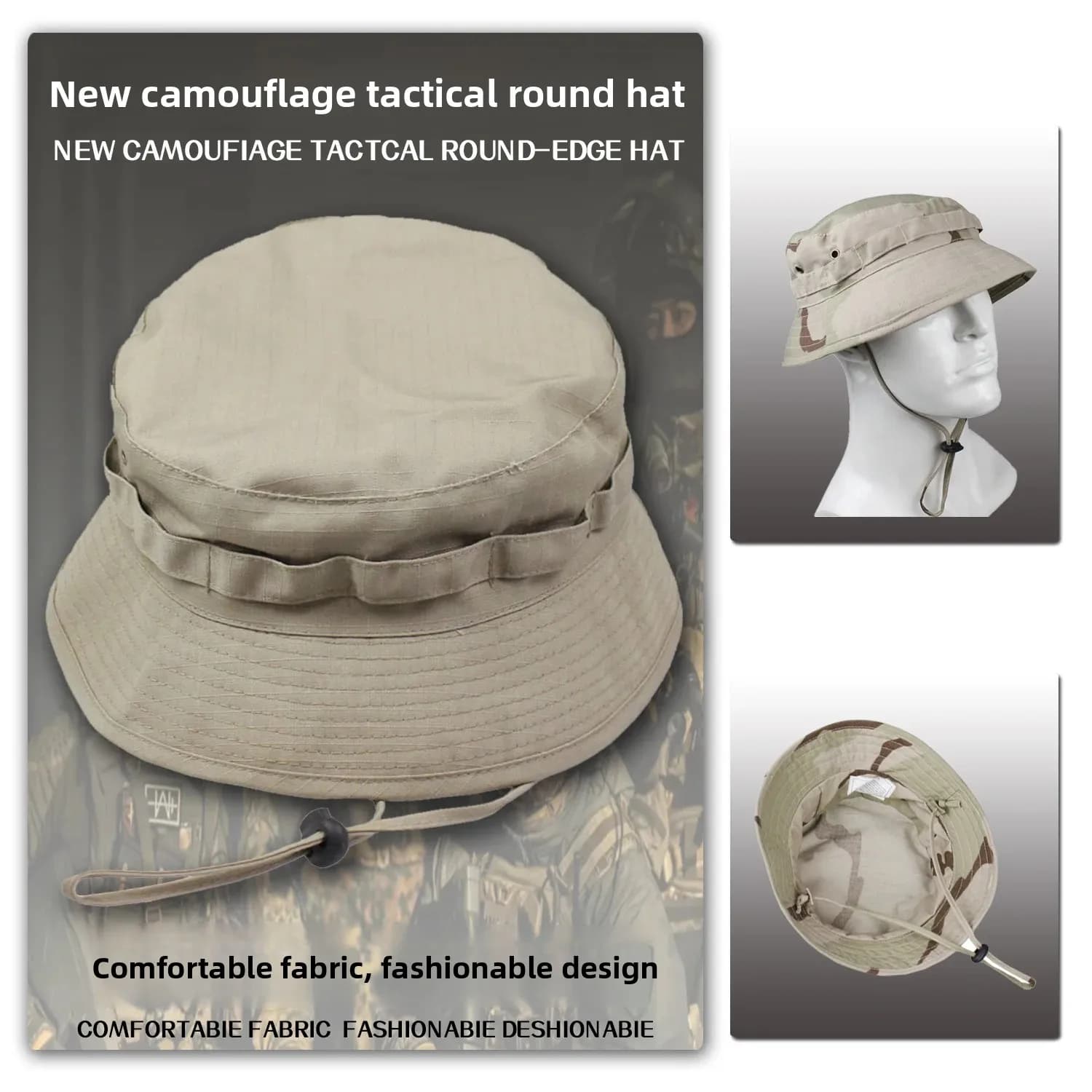 Casquette de pêche camouflage à bord rond - Protection solaire tactique unisexe