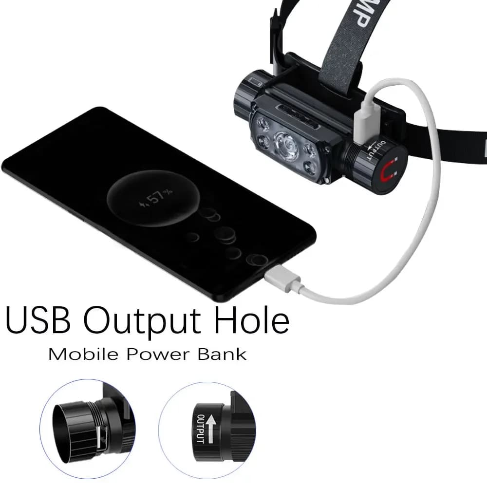 Frontale LED avec capteur 3 boutons et power bank USB-C - Compatible batteries 18650/21700