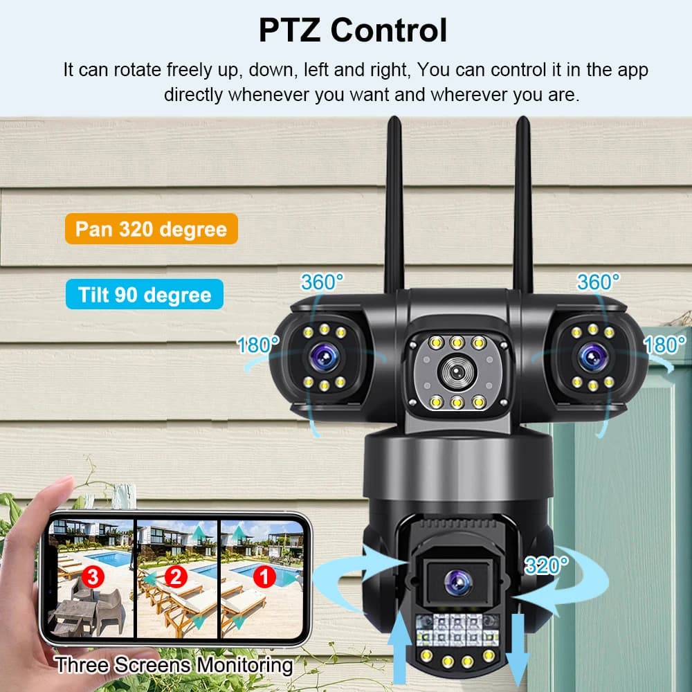 Caméra IP WiFi extérieure V380 Pro 12MP 6K triple objectif - Vision nocturne étanche surveillance complète