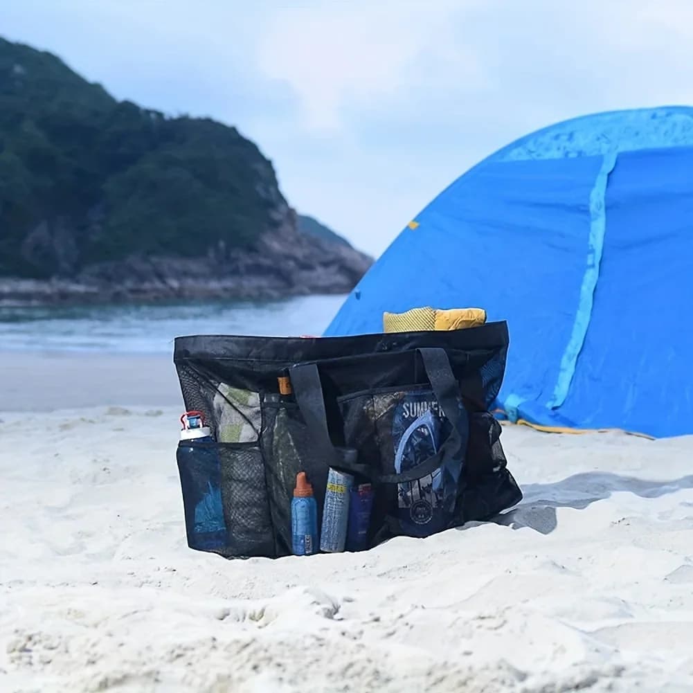 Grand sac de plage filet respirant avec fermeture éclair - Organisateur pêche plage grande capacité portable