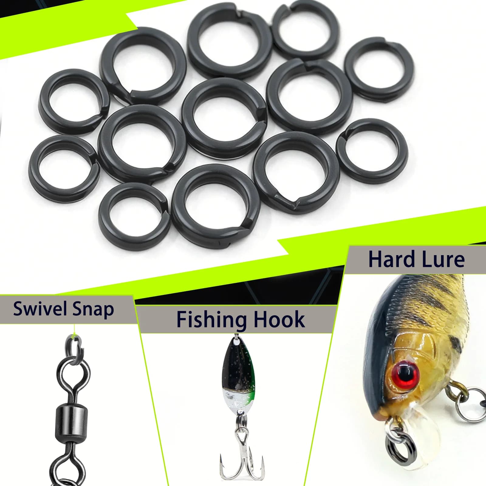 Anneaux de fraction pêche 50 à 200 pièces acier inoxydable noir, connecteur hameçon et leurre résistant 15-55 kg