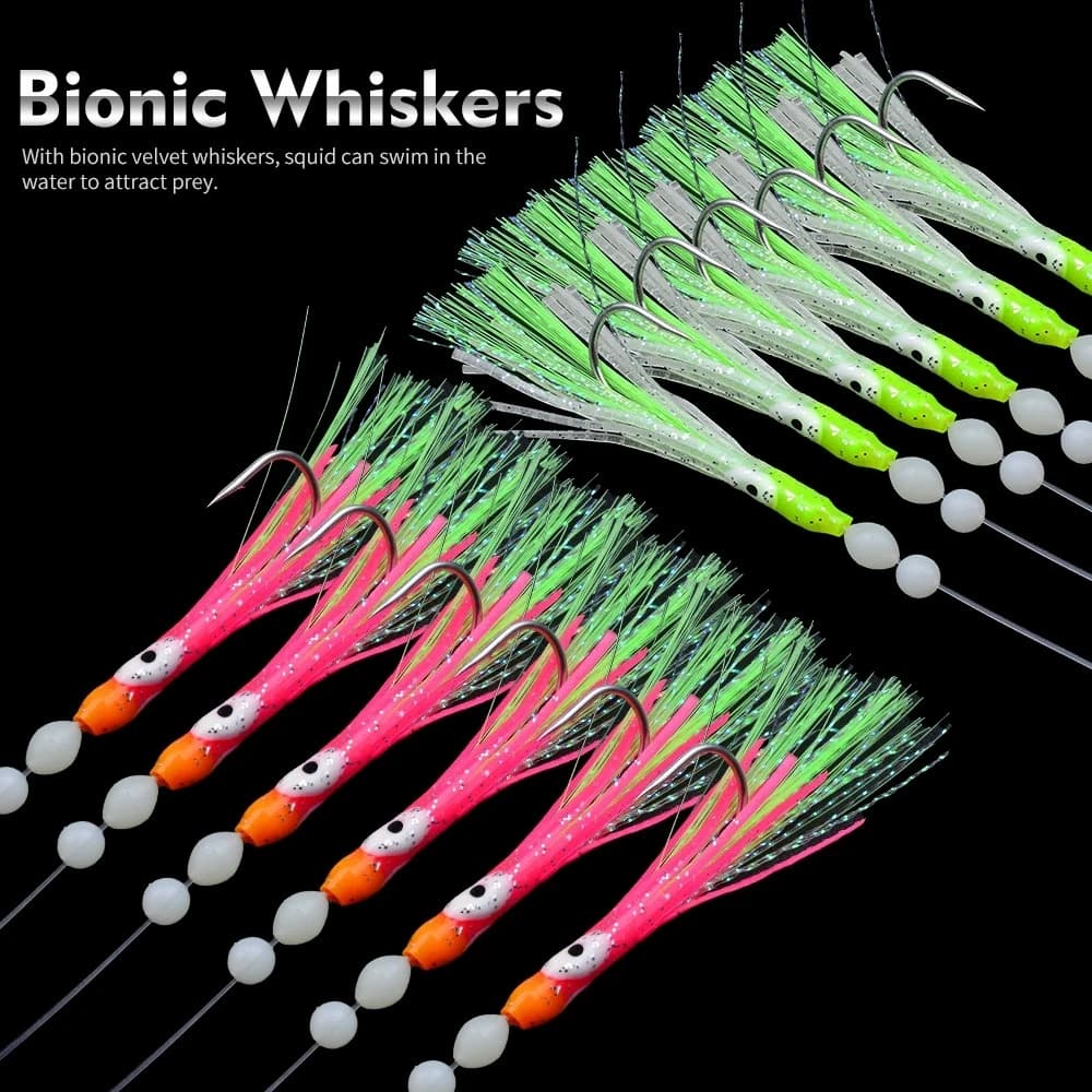 Kit de 6 leurres souples luminescents Sabiki pour pêche en mer : seiches, maquereaux et chinchards