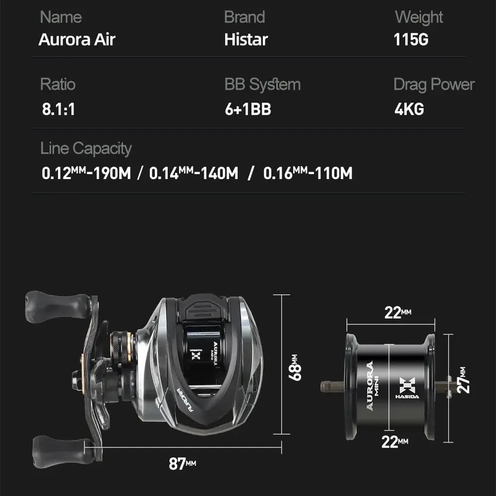 Moulinet baitcasting Histar Aurora AIR BFS ultraléger 115g pour pêche fine avec leurres légers