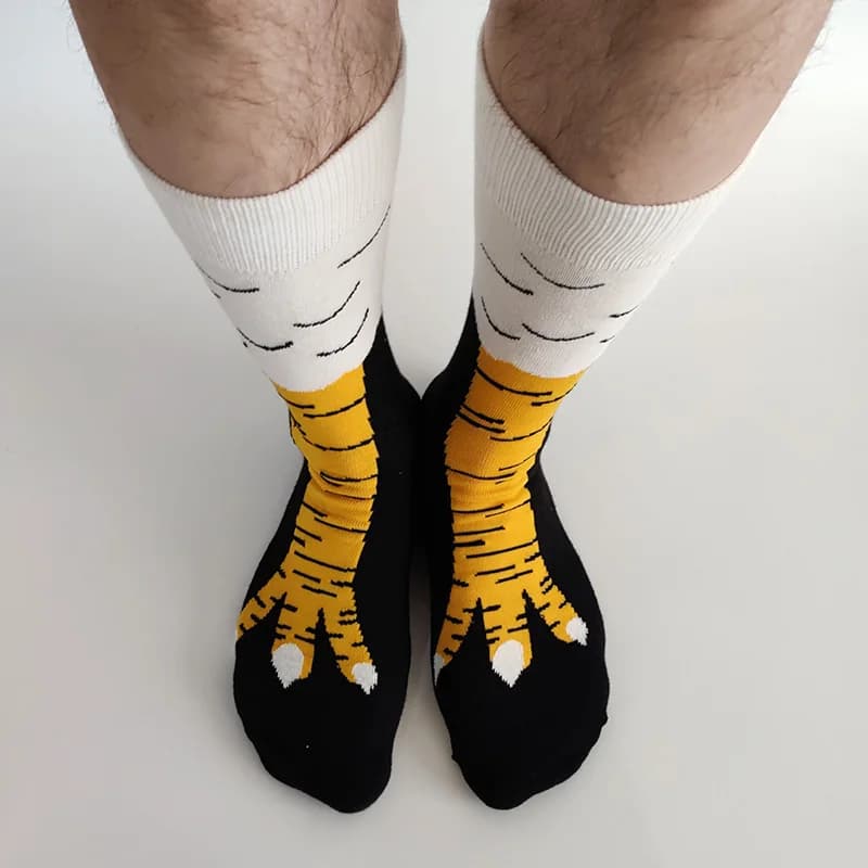Chaussettes drôles homme pattes de poule jaunes 3D couple école freak longues