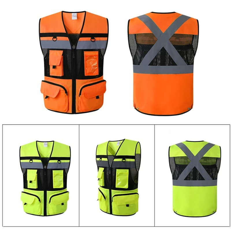 Gilet police circulation orange avec poches - Veste travail construction personnalisable - Équipement sécurité pêche