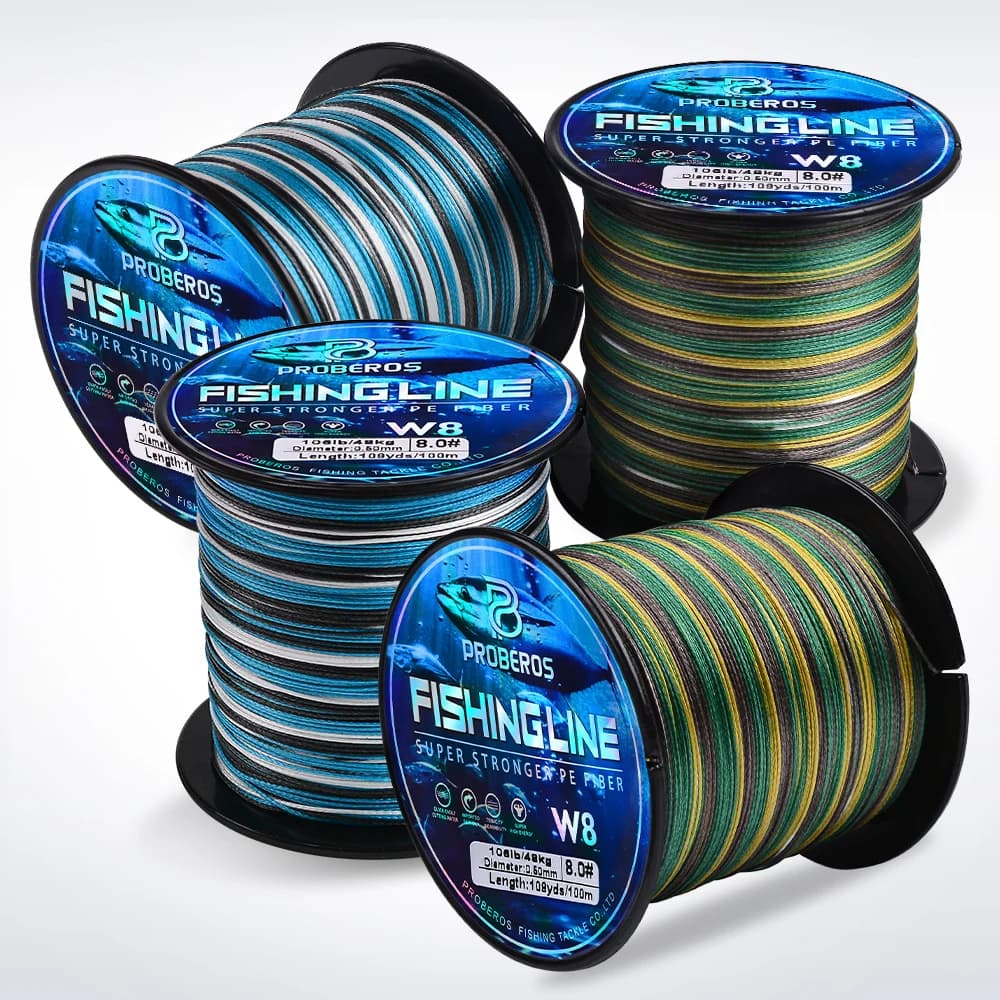 Ligne de pêche tressée Proberos 8 brins PE multifilament, anti-abrasion Blue Camo 20-106LB pour 109 yards