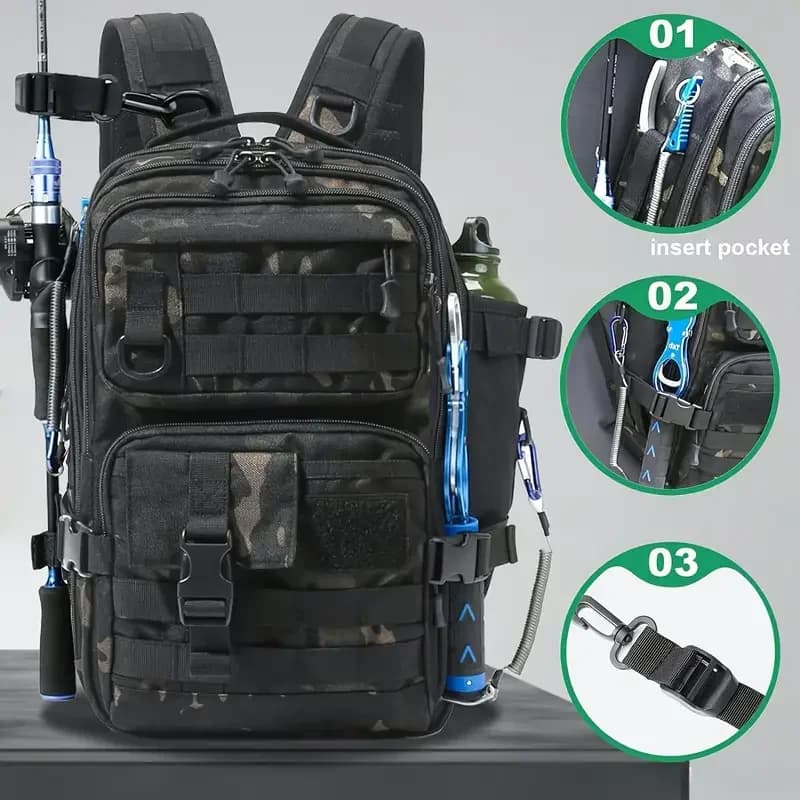 Sac à dos pêche 1000D nylon imperméable double bretelles - Sac rangement matériel pêche chasse randonnée extérieur
