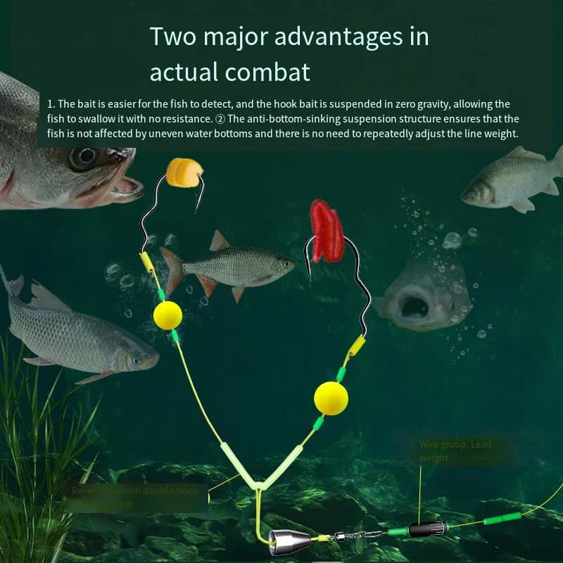 Montage tout prêt avec double hameçon pour carpe - Équipement anti-fond prêt à pêcher