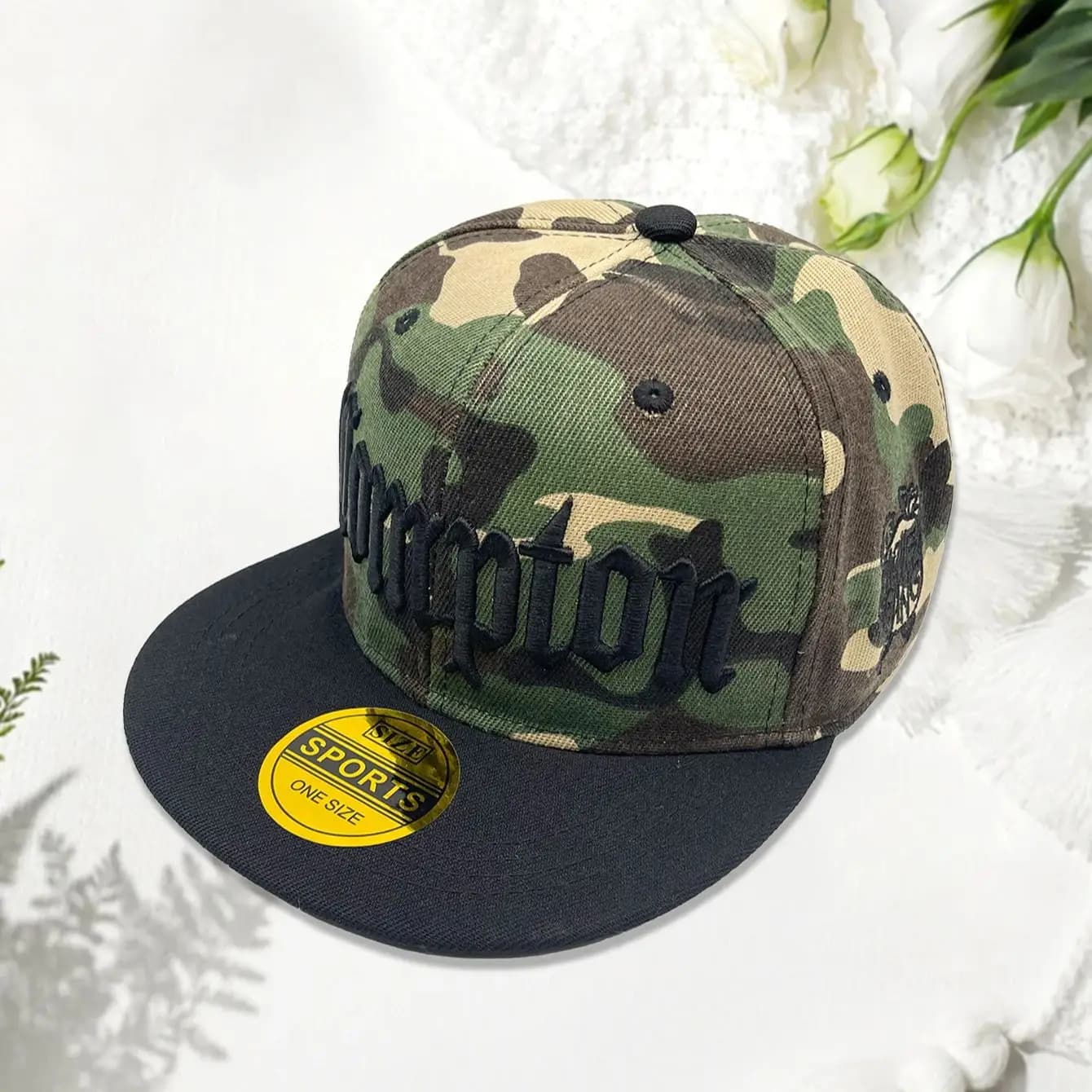 Casquette baseball pêche camouflage Compton brodée - Brim plat personnalisable hip-hop