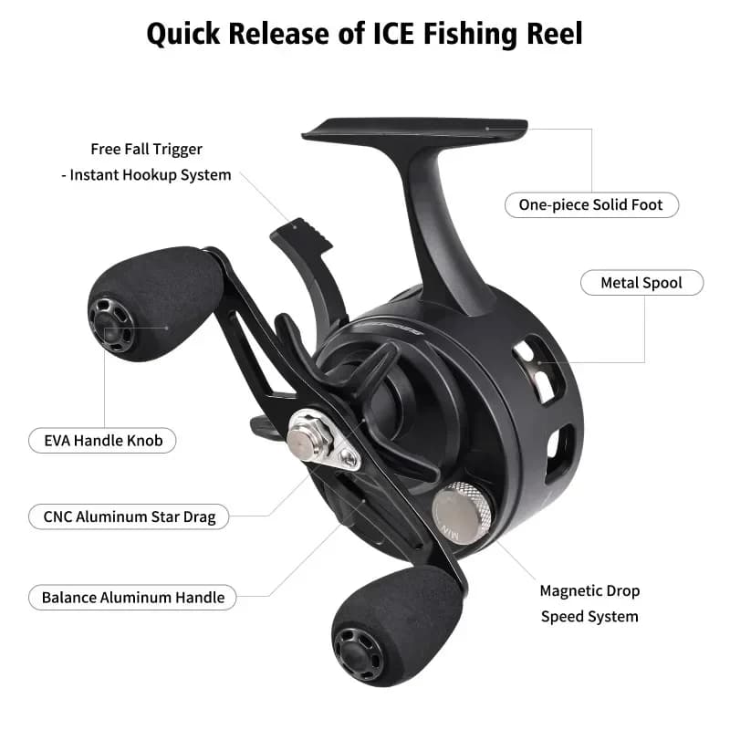 Moulinet pêche glace grand diamètre bobine avec freespool et spool métal 3+1 pour appâts fluides