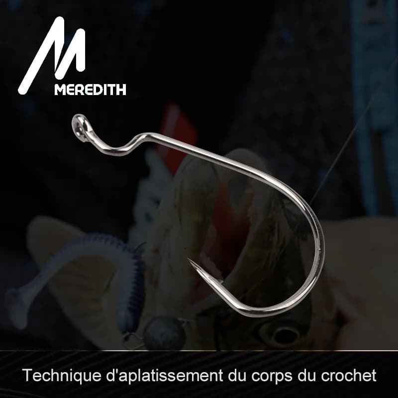 Hameçons pour leurres souples Meredith 50 pièces, acier haute teneur en carbone, large super verrouillage, tailles