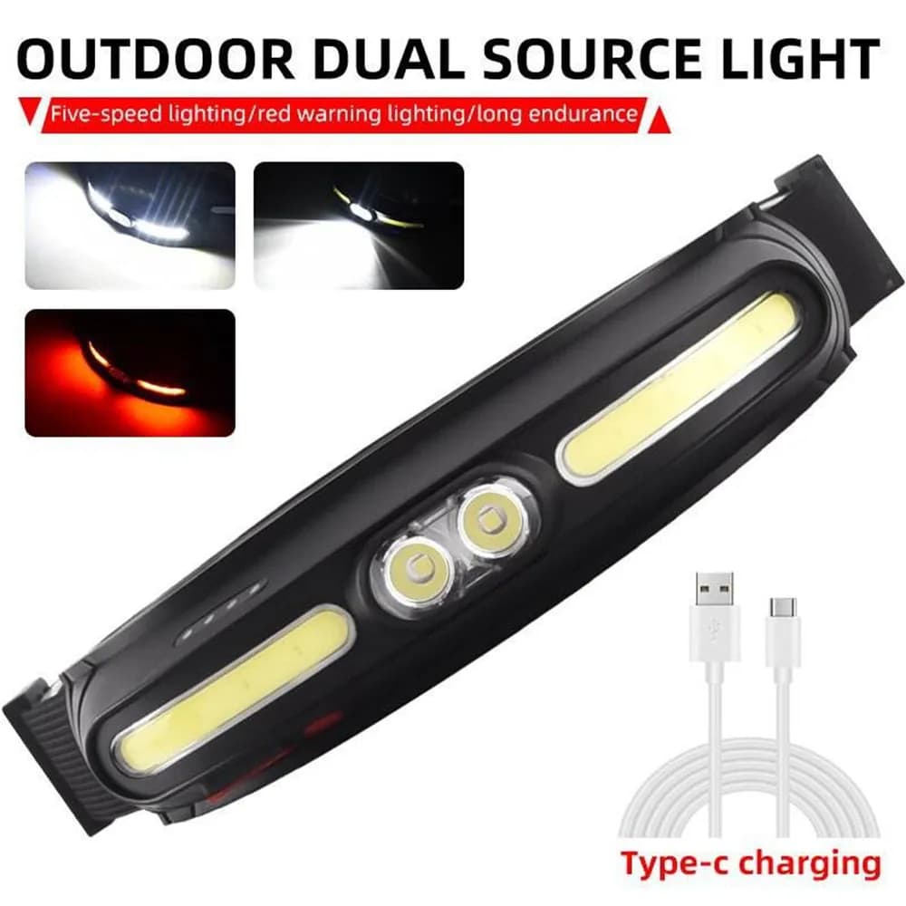 Lampe frontale rechargeable USB-C 350 lumens lumière douce COB+LED pour pêche nocturne et camping